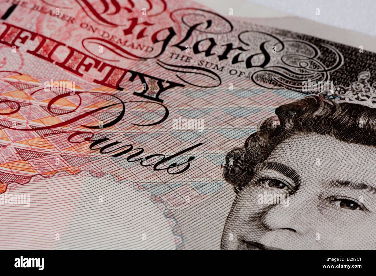 Big close-up cinquanta British pound nota Foto Stock
