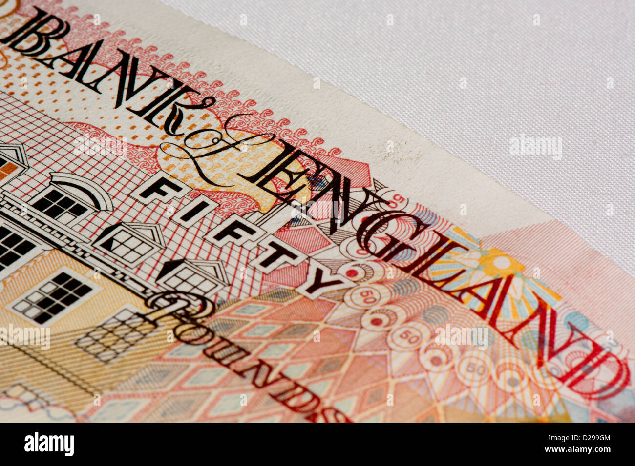Big close-up cinquanta British pound nota Foto Stock
