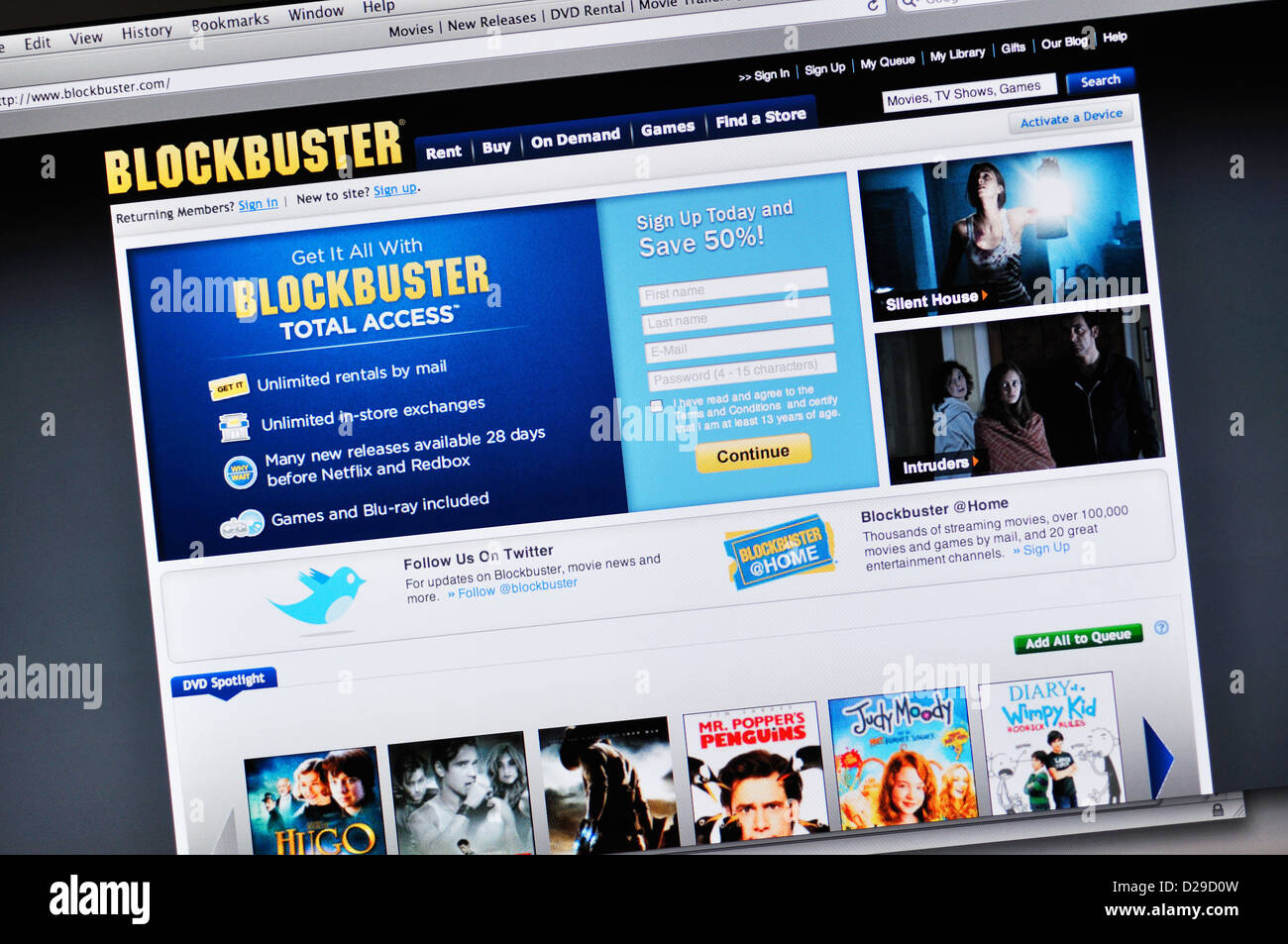 Sito web di Blockbuster - film online e gioco di video noleggio Foto Stock