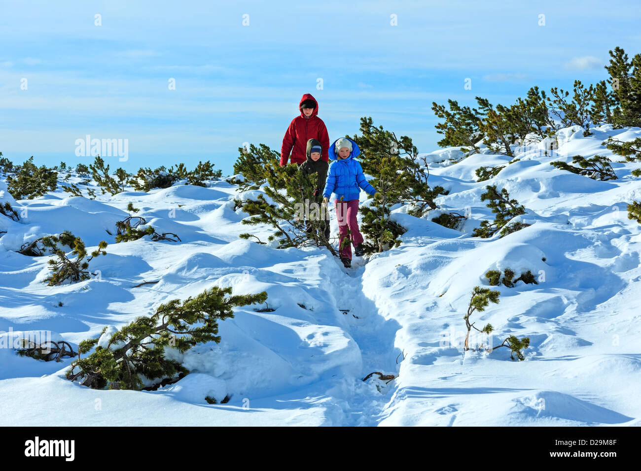 La famiglia (madre di due bambini) una passeggiata invernale sul pendio di montagna Foto Stock