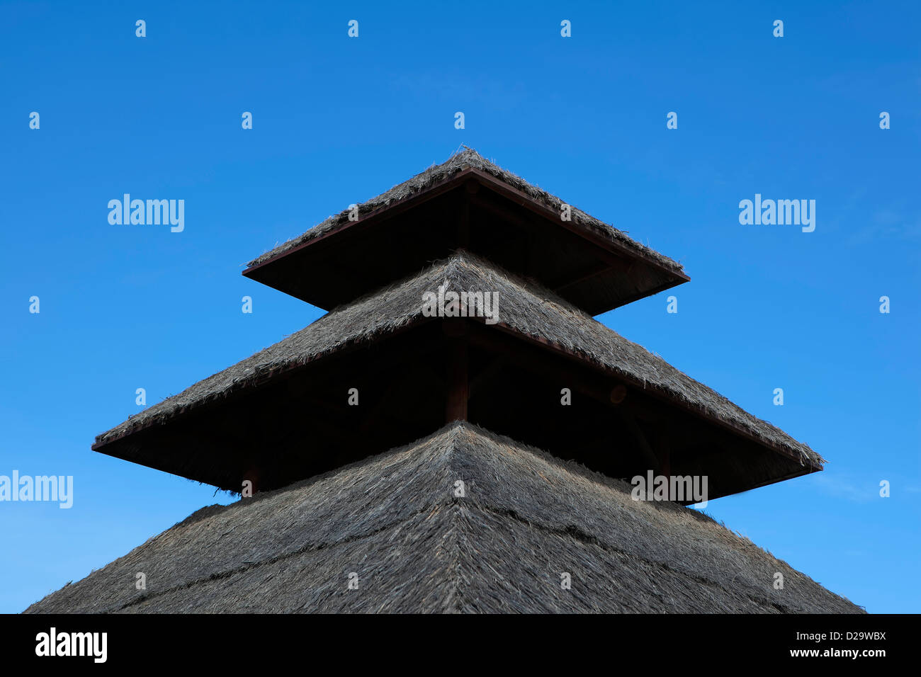 Un'immagine di 3 livelli realizzati sul tetto di paglia rivolta verso il cielo. Foto Stock