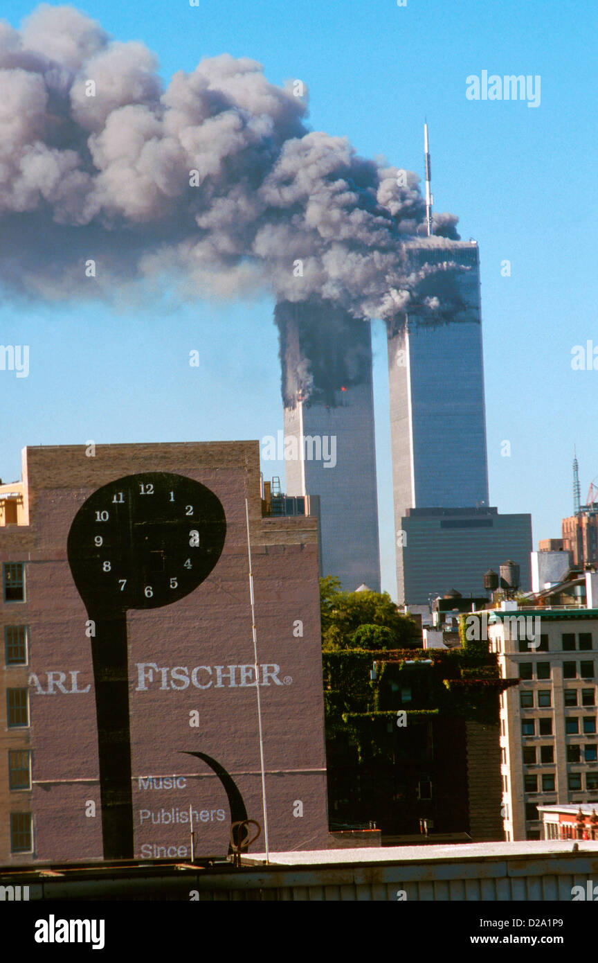 La città di New York, 9/11/01. World Trade Center Attack. Foto Stock