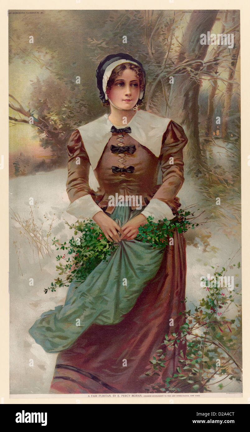 Una fiera Puritan / e Percy Moran donna in piedi nella neve Holding Holly nel suo grembiule medio: 1 Stampa : colore Chromolithograph Foto Stock