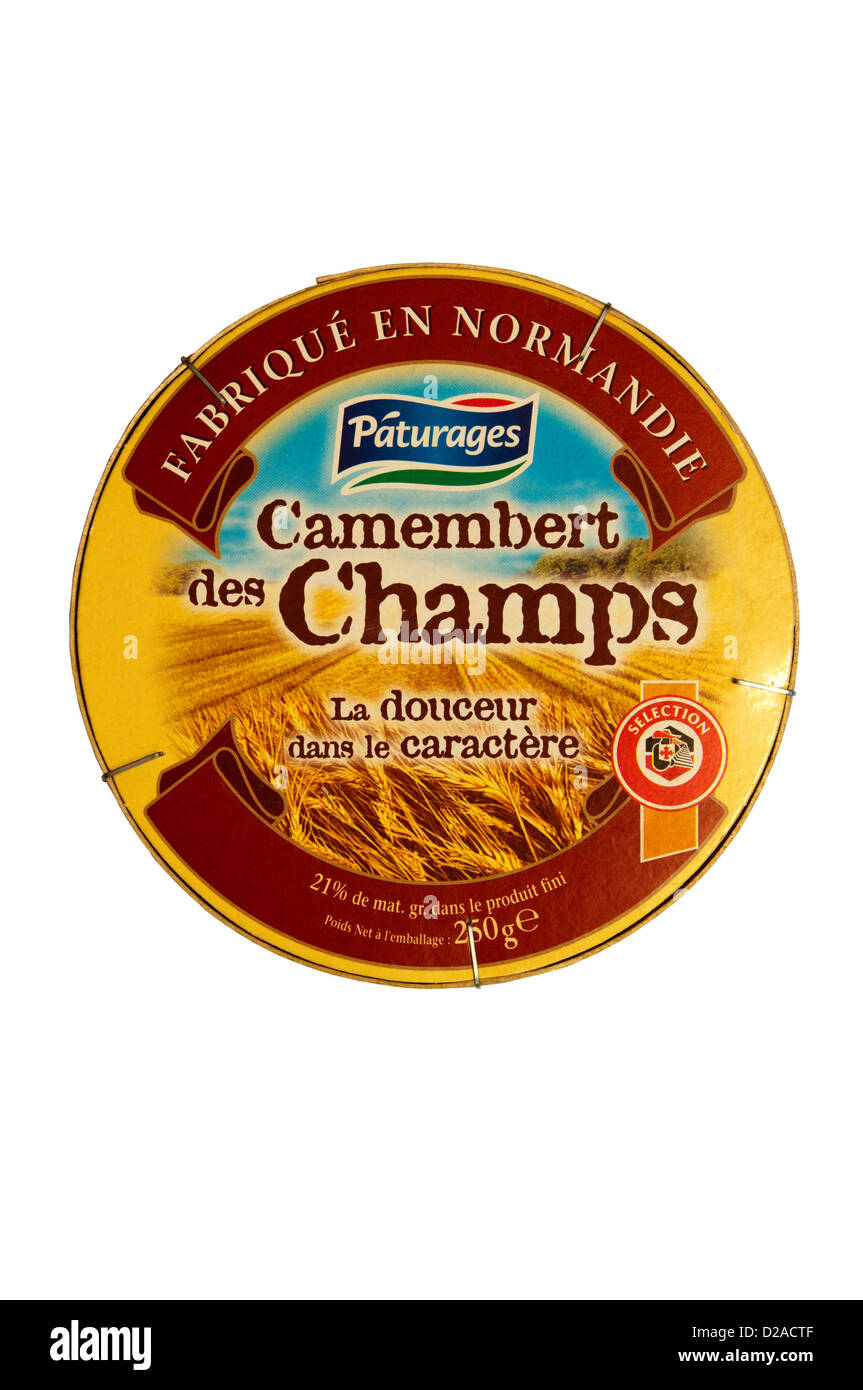 Una scatola di Paturages Camembert des Champs formaggio camembert di Normandia, Francia. Foto Stock