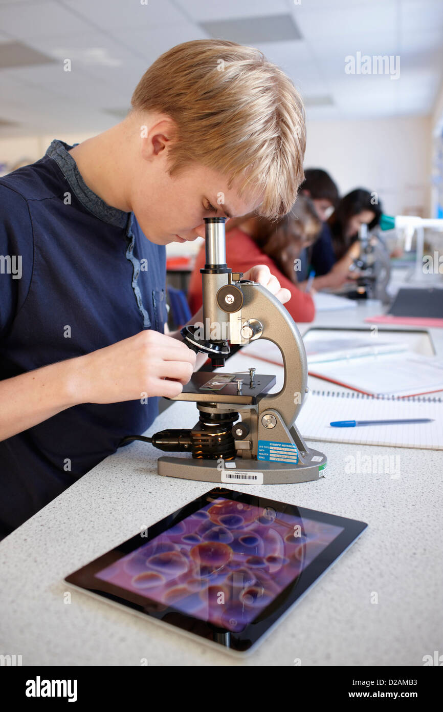 Studente utilizzando microscopio in classe Foto Stock