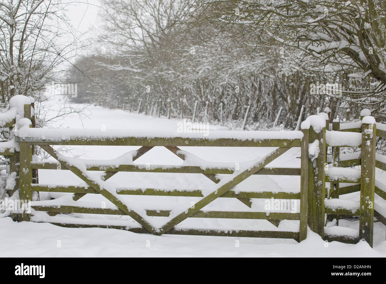 Cinque in legno bar porta nella neve su una mattina inverni campagna britannica Inghilterra Foto Stock