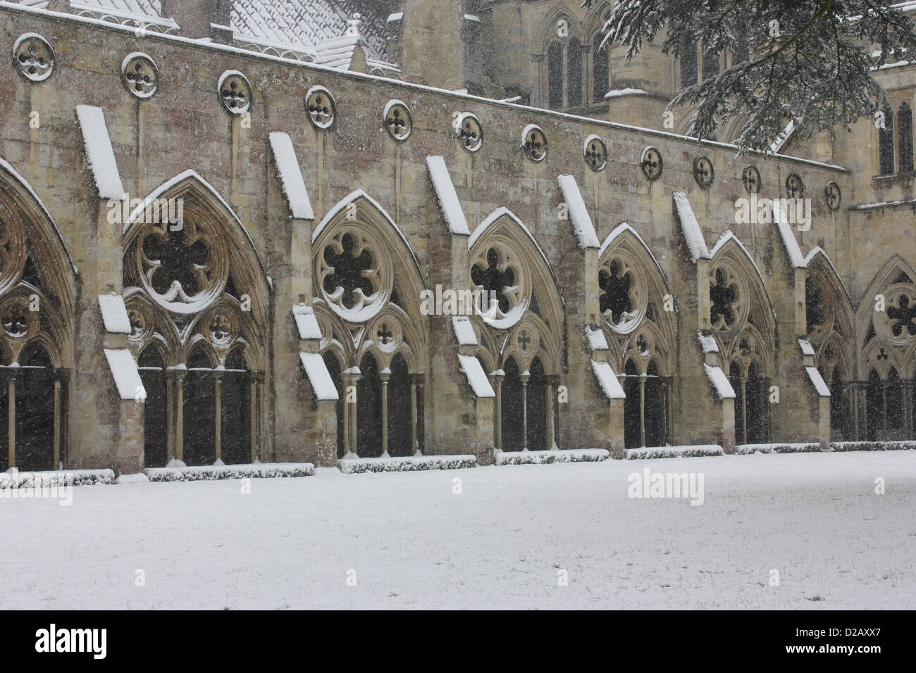 18 gennaio 2013. La neve continua a cadere nel giardino del chiostro della cattedrale di Salisbury. Neve pesante è caduto attraverso Wiltshire dopo il Met Office rilasciato a livello nazionale di avviso meteo. Foto Stock