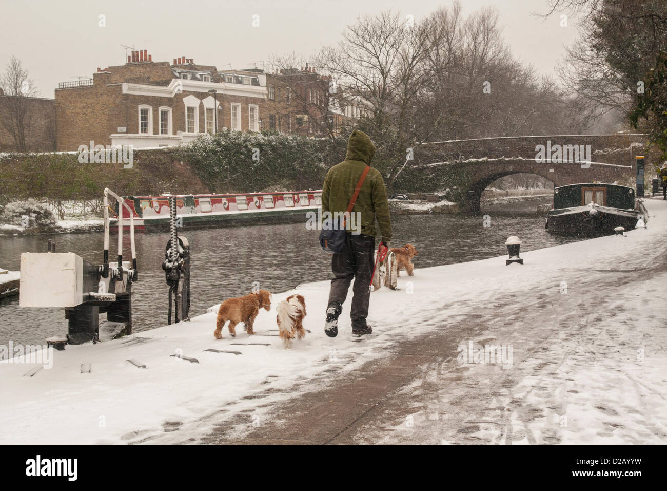 Londra, Regno Unito. 18 gennaio 2013. Regent's Canal, Londra centrale, come la neve cade attraverso il Sud Est Foto Stock