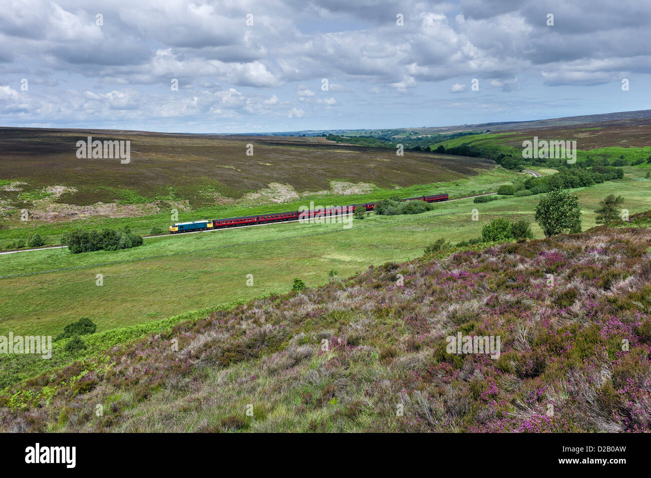 Vintage treno diesel nel North York Moors vicino a Goathland, nello Yorkshire, Regno Unito. Il heather è in fiore. Foto Stock