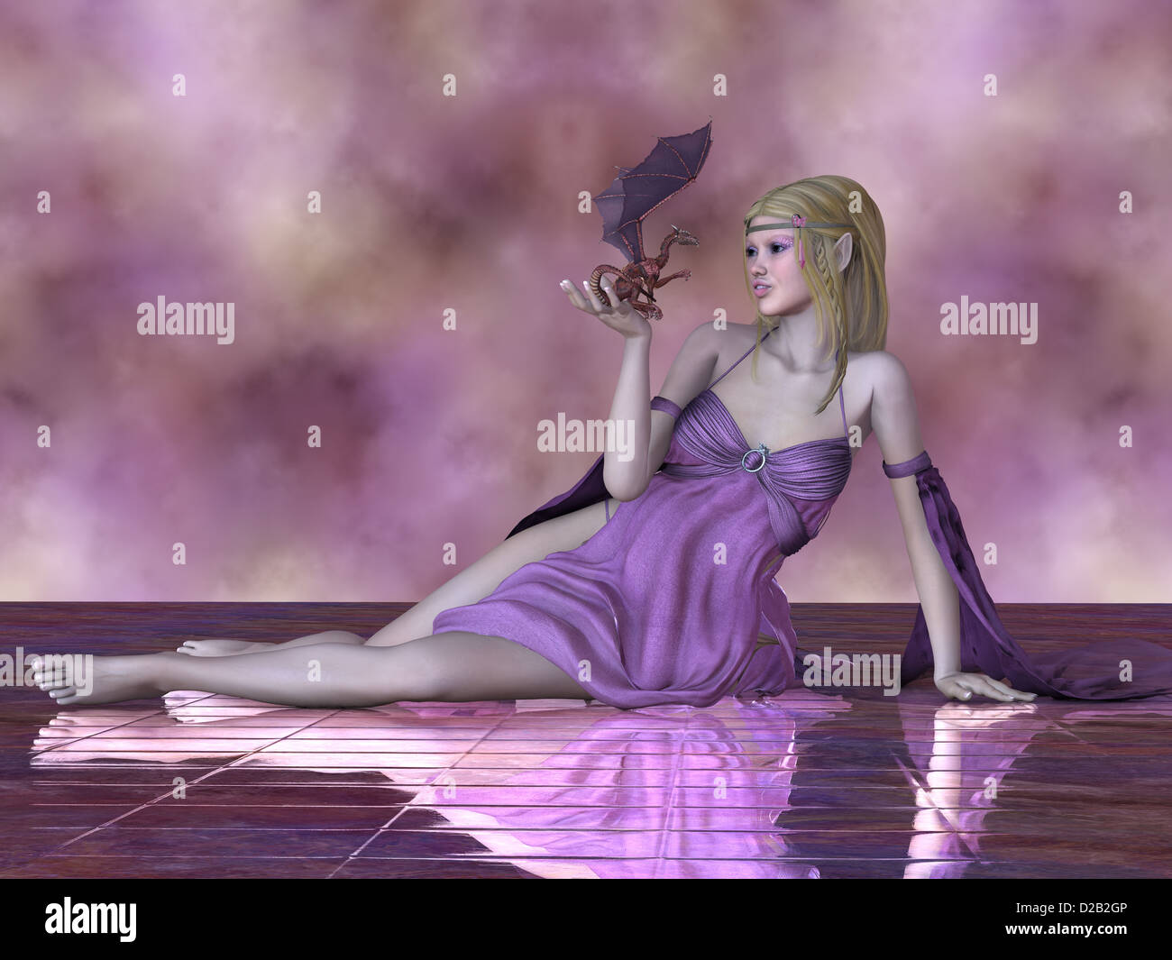 Una bella fata detiene un piccolo drago pet nella sua mano. Foto Stock
