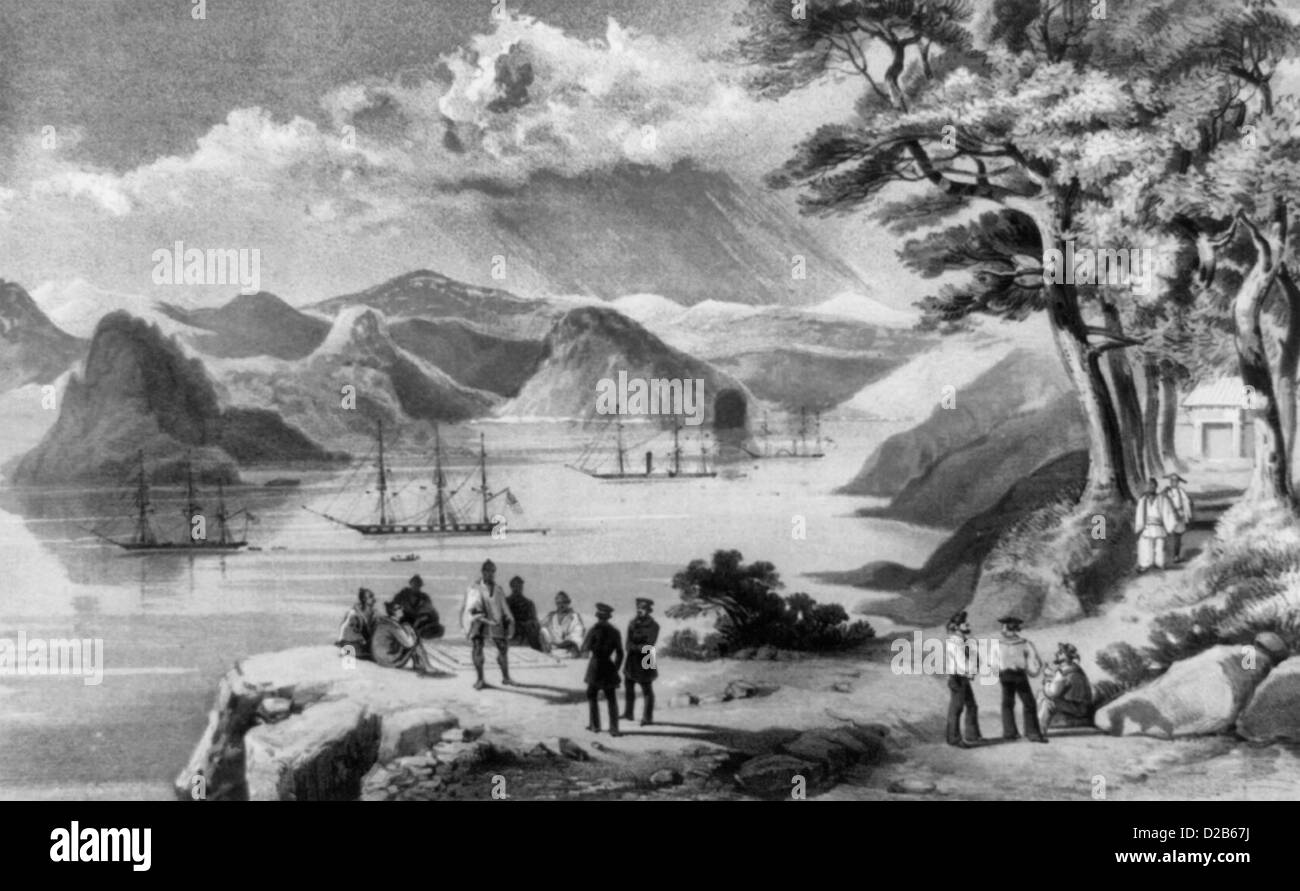 Simoda, Giappone da Vandalia Bluff, durante la Commodore Perr la spedizione del Giappone, 1853 Foto Stock