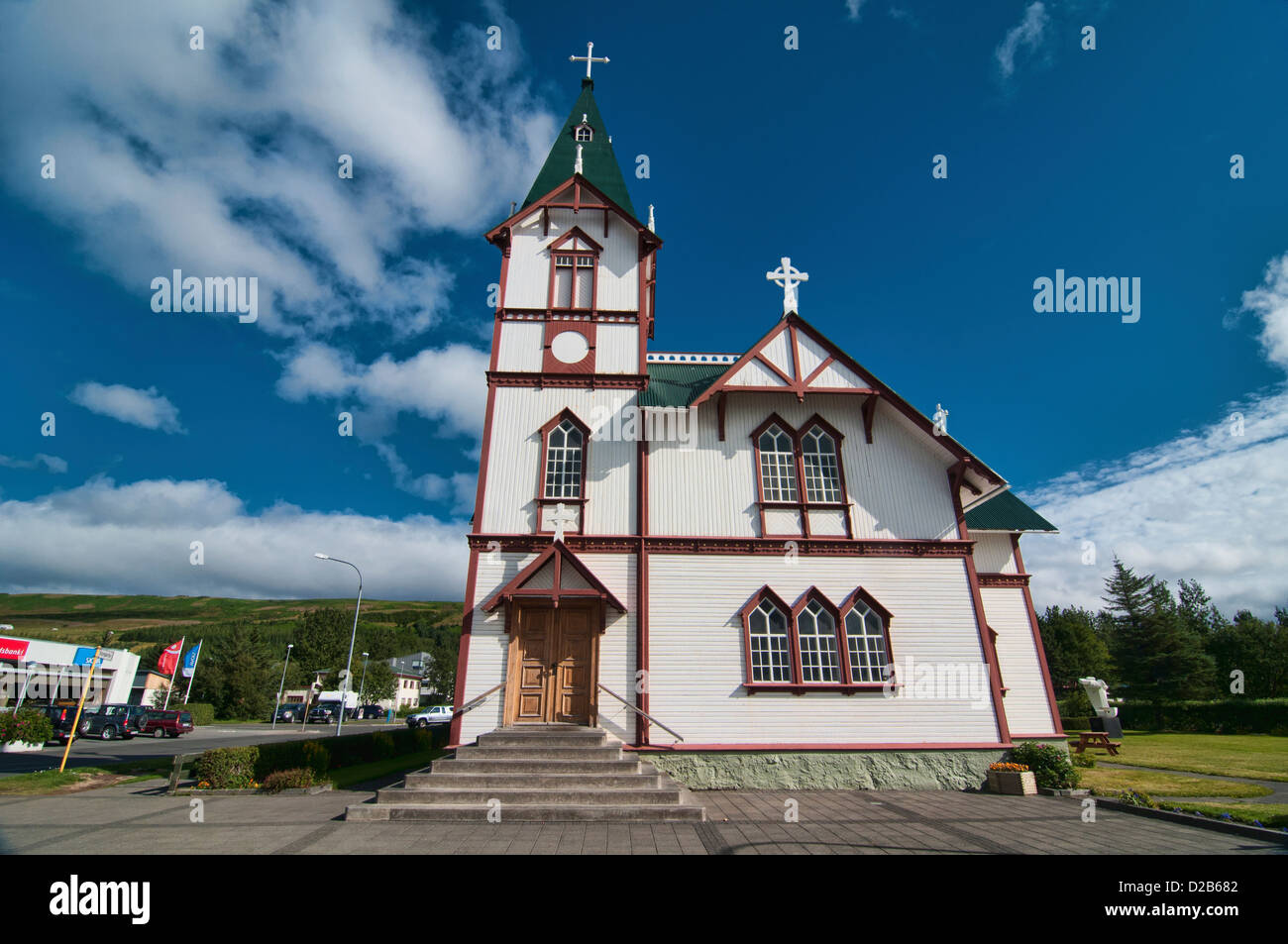 La vecchia chiesa di Husavik, il whale watching capitale di Islanda Foto Stock
