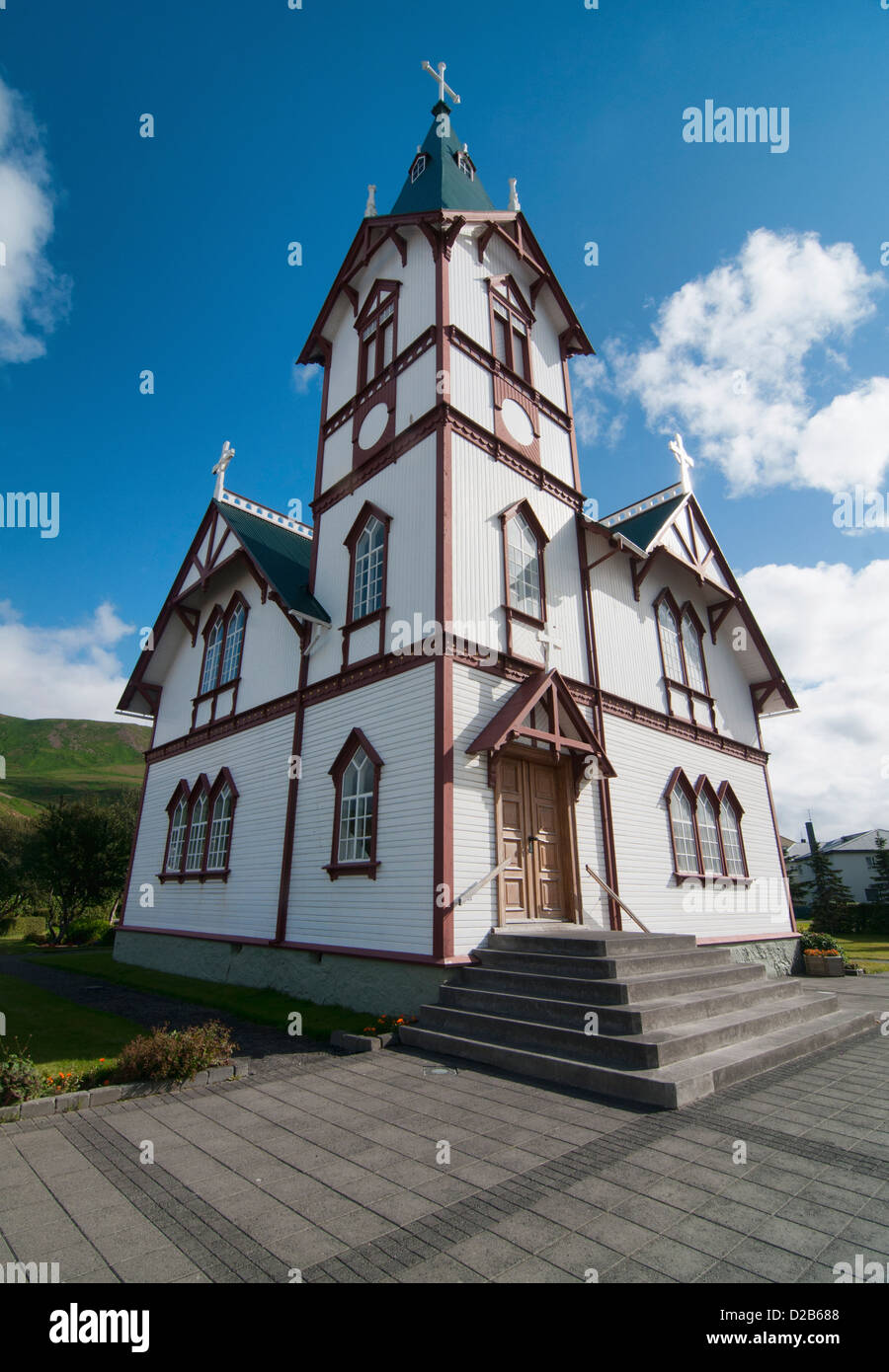 La vecchia chiesa di Husavik, il whale watching capitale di Islanda Foto Stock