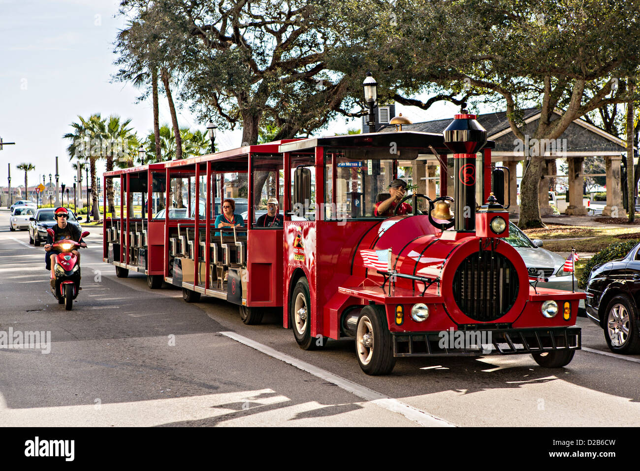Il Trenino Rosso trolley tour in tram in Sant'Agostino, Florida. Sant Agostino è la città più antica in America. Foto Stock