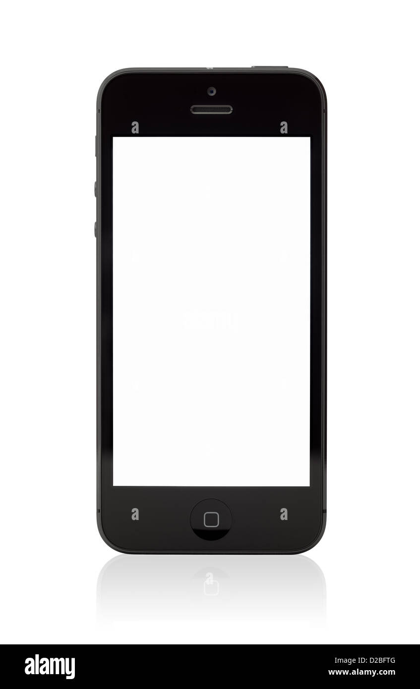 Il nuovo nero per Apple iPhone 5 con schermo vuoto isolato su bianco Foto Stock