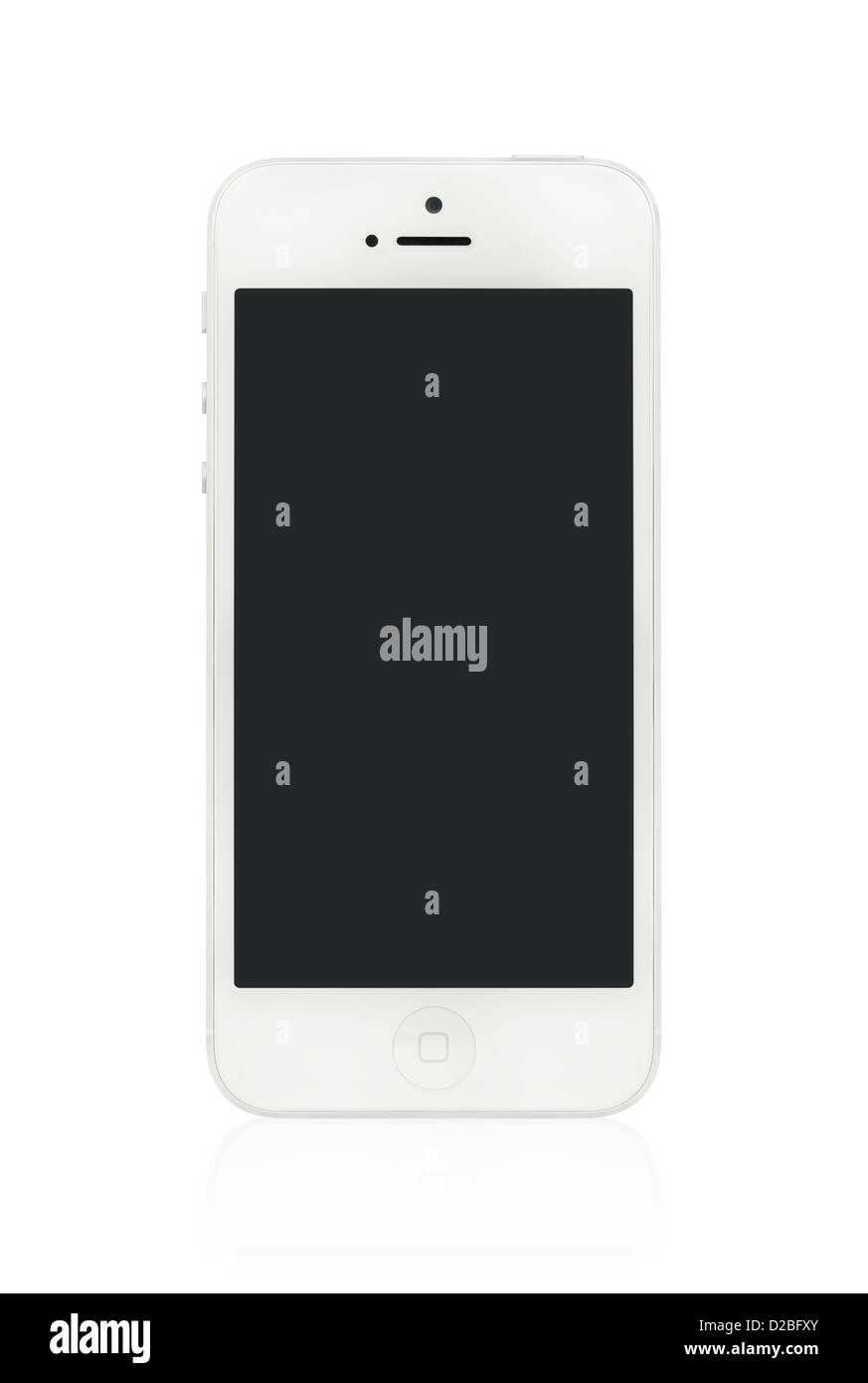 Il nuovo white Apple iPhone 5 con schermo vuoto isolato su bianco Foto Stock