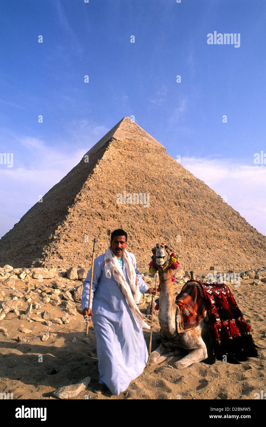 Egitto, Piramidi. Il cammello e il cammello Rider Foto Stock