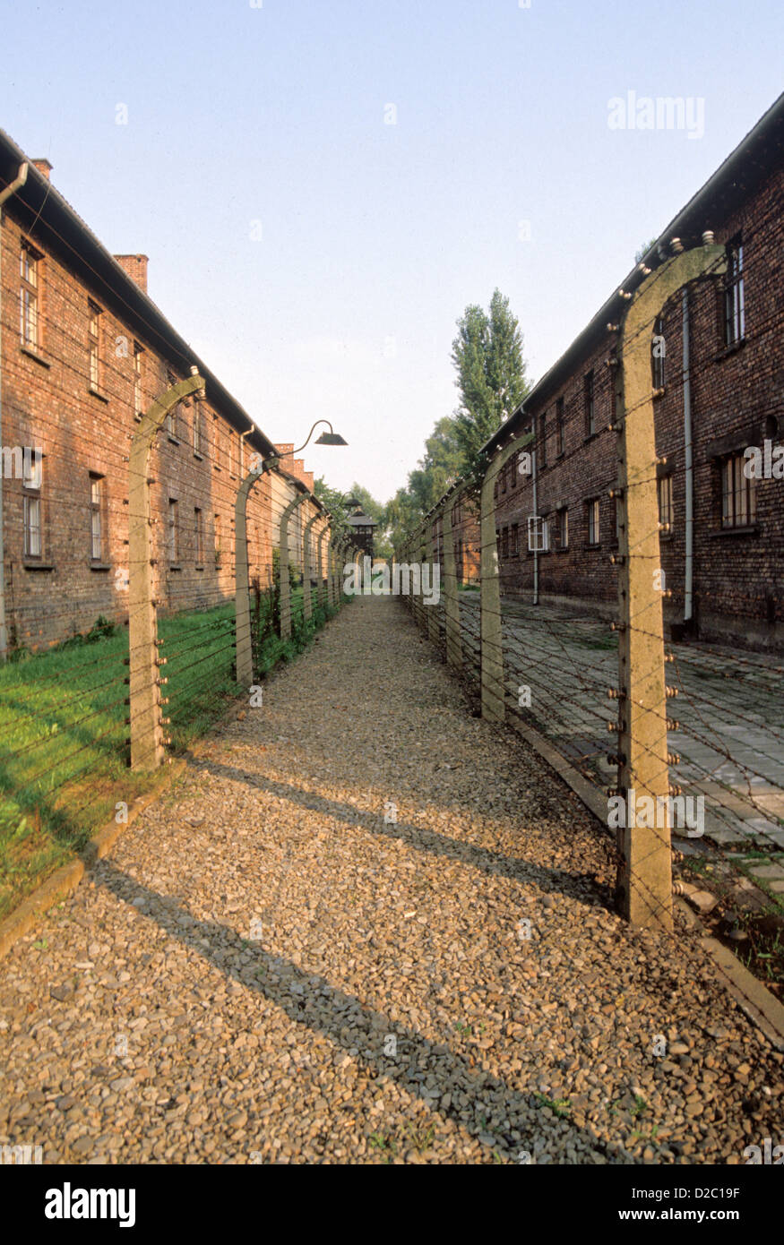 La Polonia, ad Auschwitz. Passerella esterna rivestita con elettrificata di filo spinato. Foto Stock