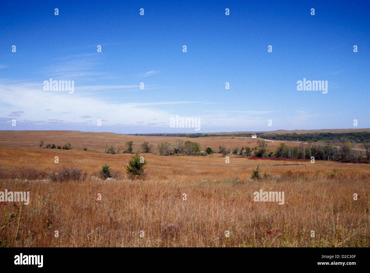 Kansas. Tallgrass Prairie National Preserve.Abbassare Fox Creek Schoolhouse in distanza. Foto Stock