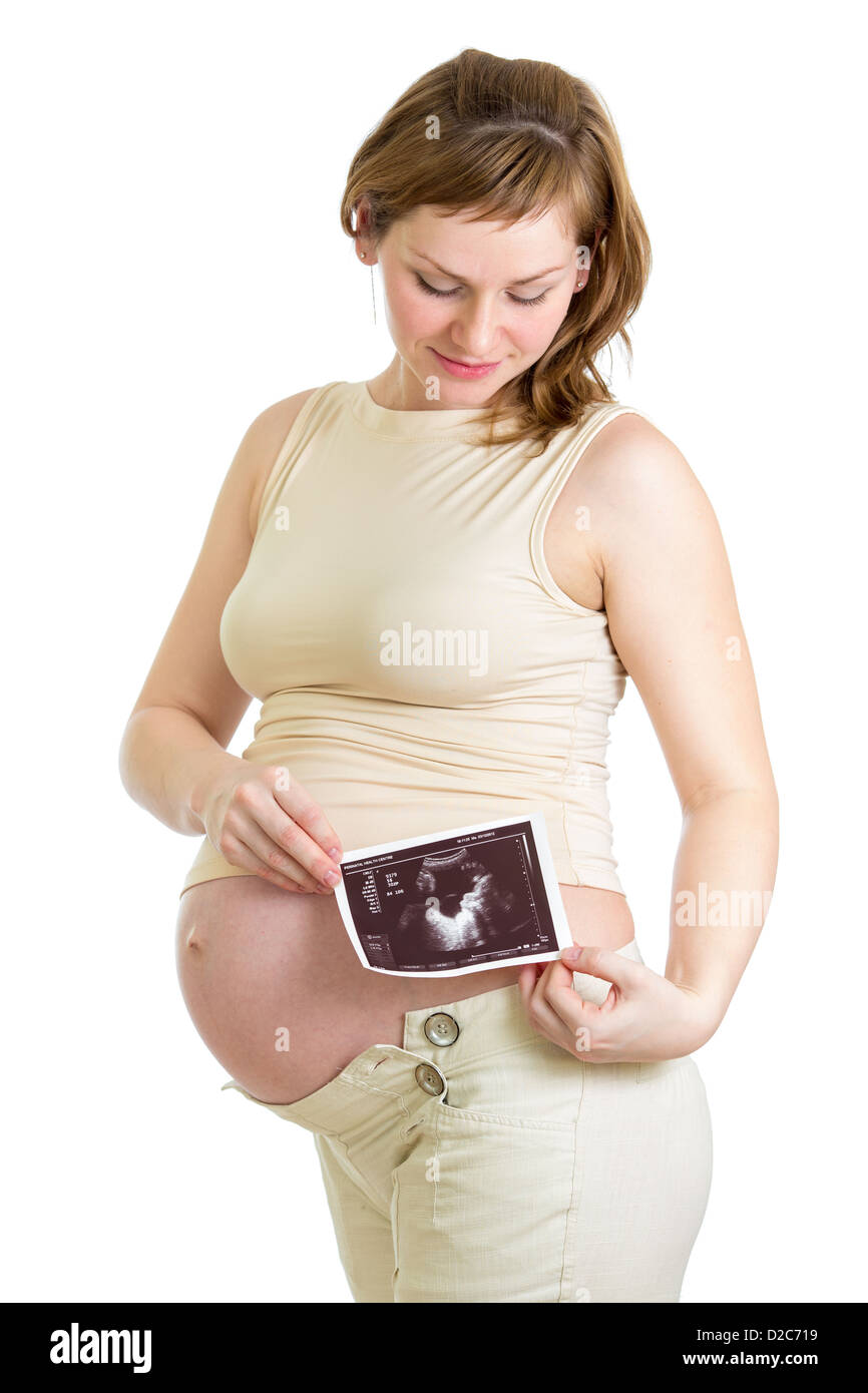 Donna incinta con bambino ad ultrasuoni shot isolato su bianco Foto Stock