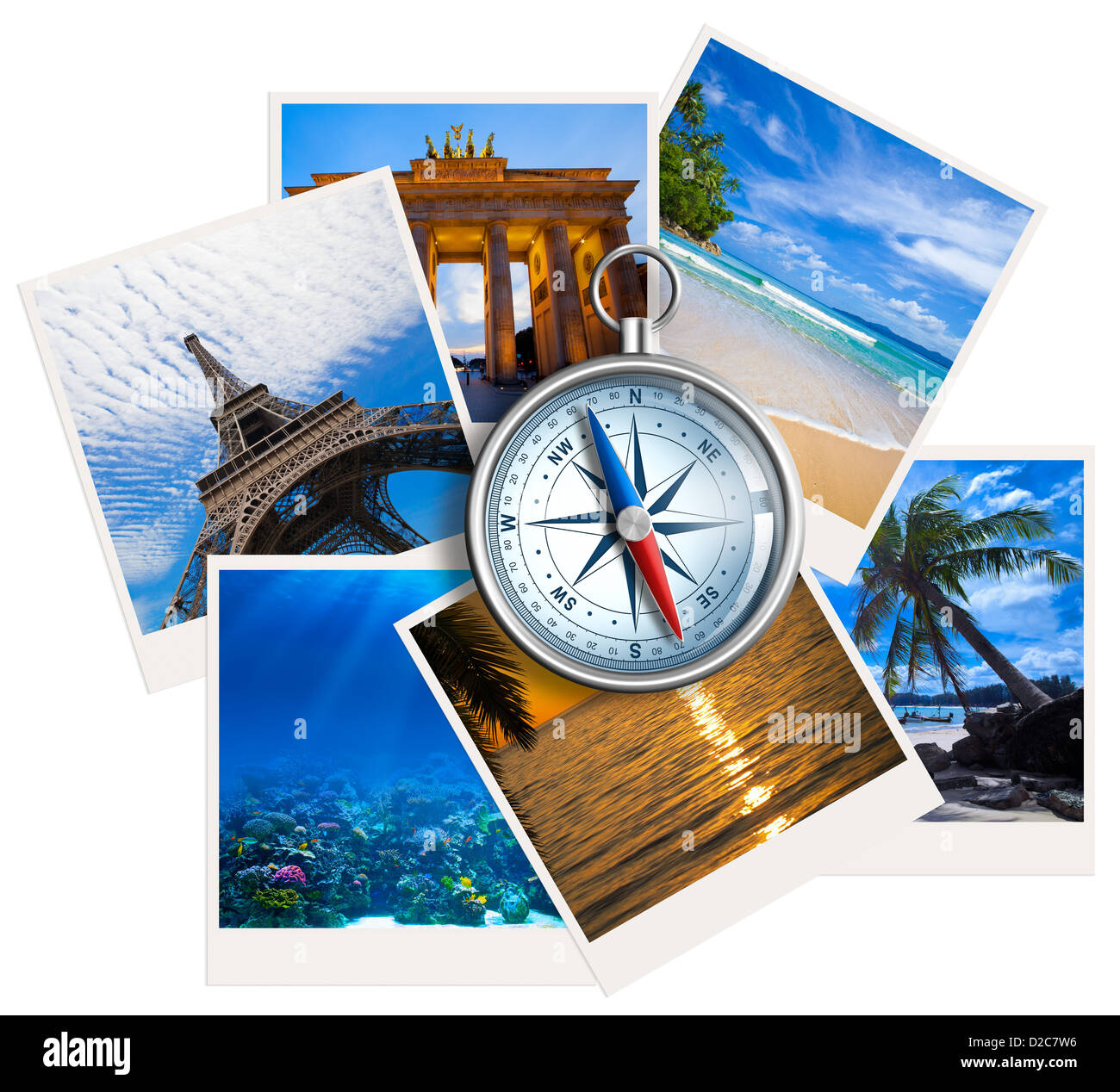 Foto di viaggio collage con bussola su sfondo bianco Foto Stock