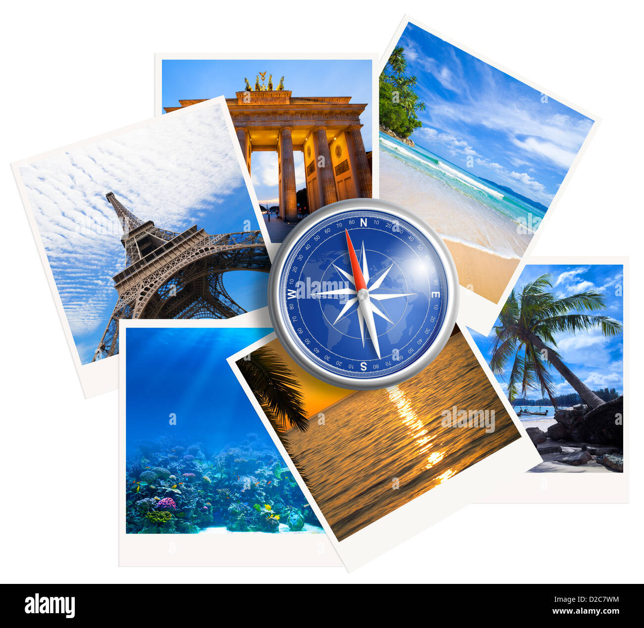 Foto di viaggio collage con bussola su sfondo bianco Foto Stock