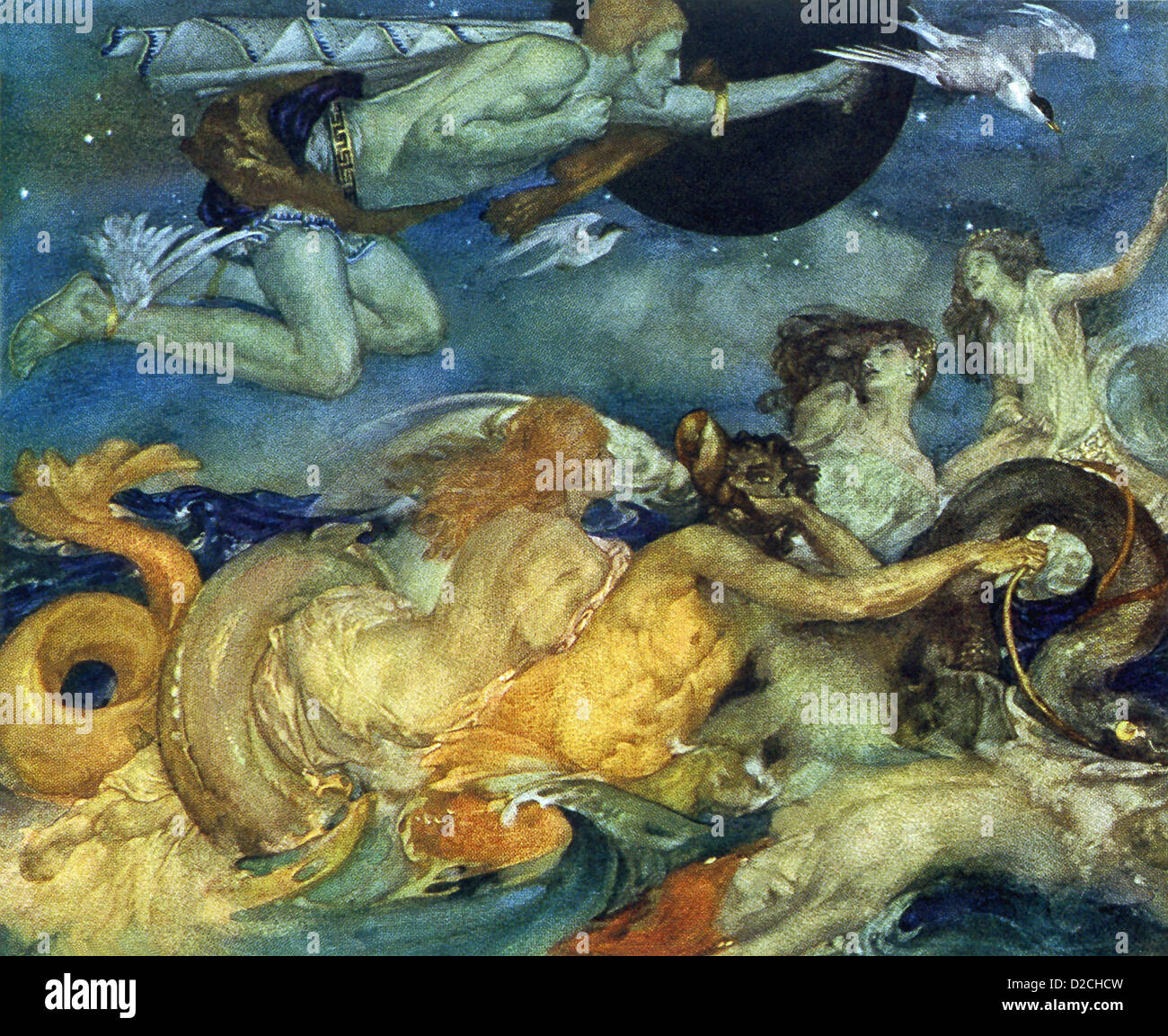 Questa scena mostra Galatea che, nella mitologia greca, era una ninfa del mare e la figlia di Nereo e Doris, sul retro di un tritone. Foto Stock