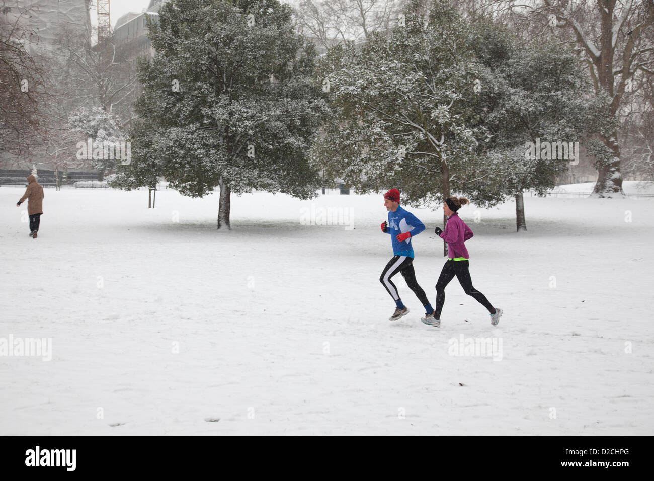 Londra, Regno Unito. Domenica 20 gennaio 2013. La caduta di neve che copre il St James Park, il più antico parco reale a Londra. La gente esce di godere di questa scena invernale compreso il jogging per esercizio. Foto Stock