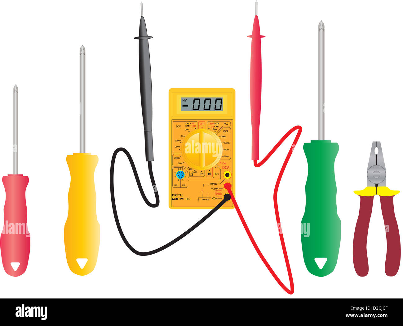 Una dettagliata illustrazione vettoriale di un multimetro elettrico e cacciaviti per elettricisti e pinze isolate su bianco Foto Stock