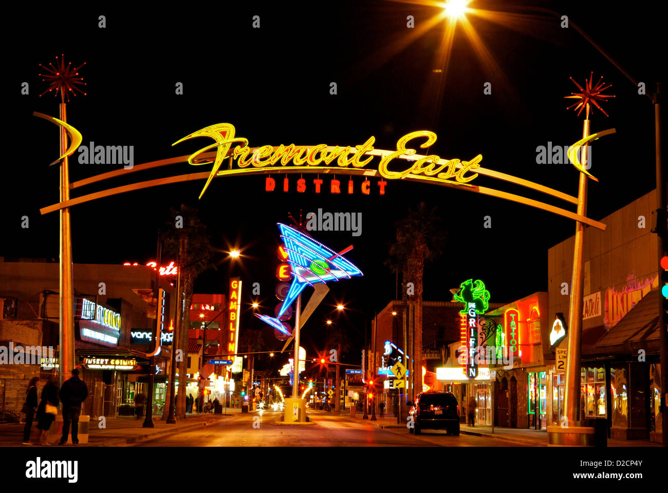 Insegna al neon Fremont quartiere est gate Downtown Las Vegas di Notte Foto Stock
