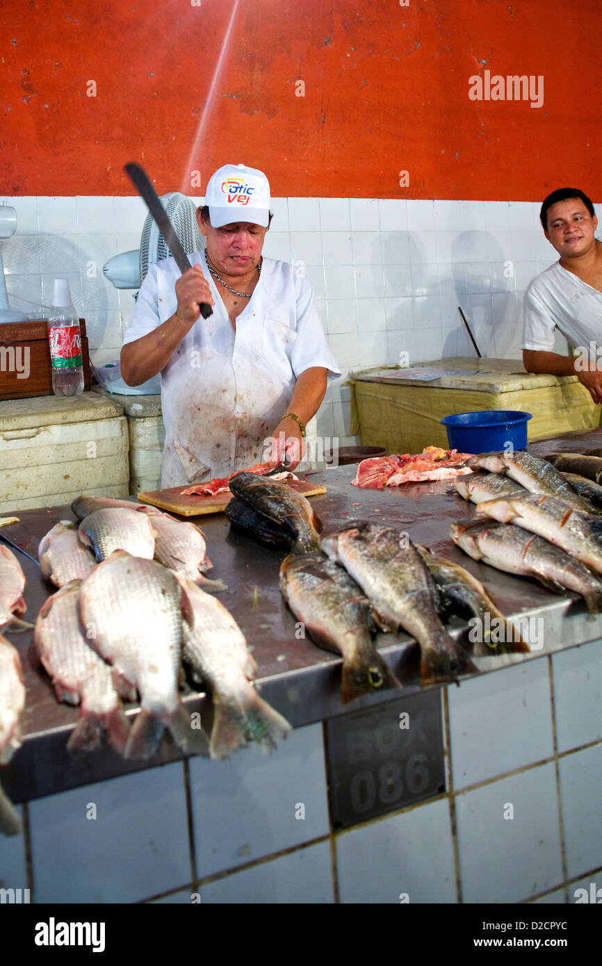 Un pescivendolo filtra sapientemente pesce fresco al mercato municipale Adolpho Lisboa di Manaus, Brasile, mostrando l'atmosfera di questo mercato amazzonico Foto Stock