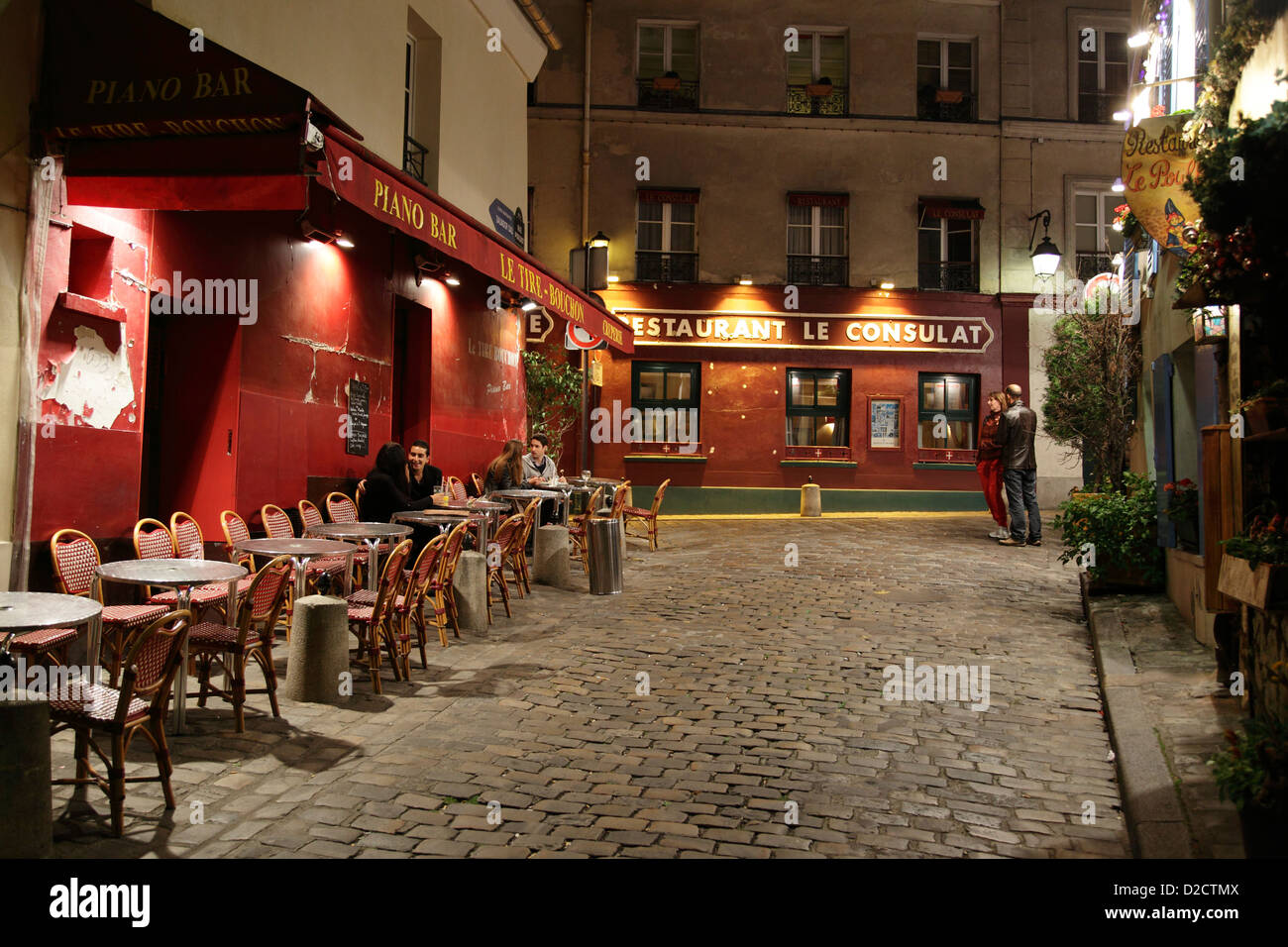 Rue Poulbot a Montmartre di notte Foto Stock