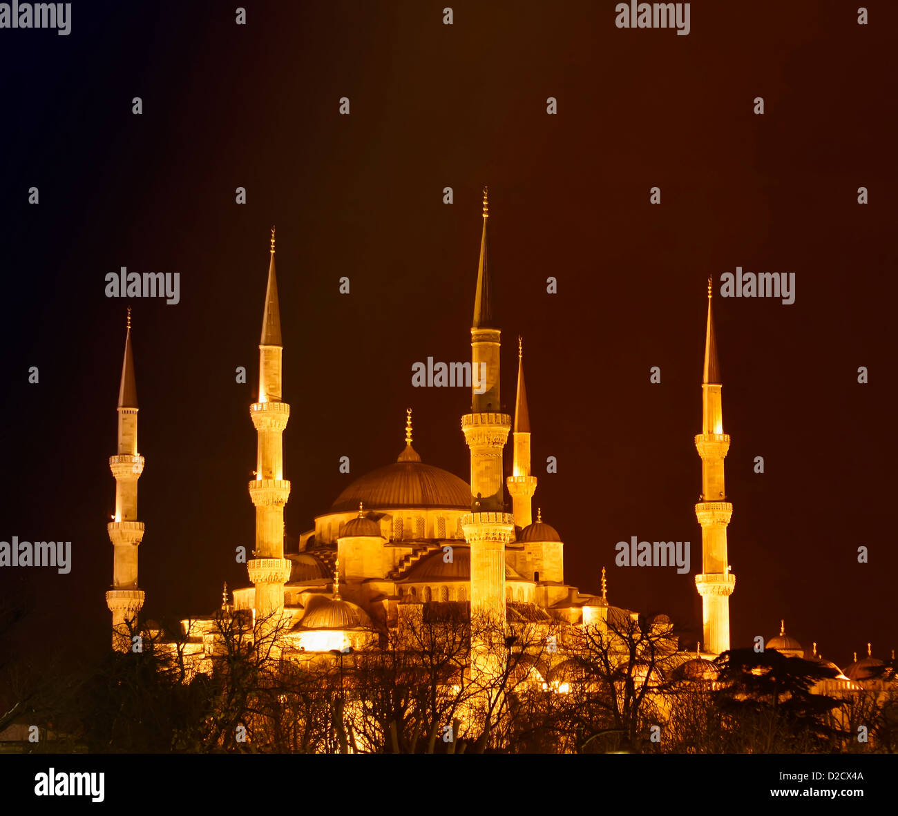 Luci d'oro della Moschea Blu contro il cielo nero Foto Stock