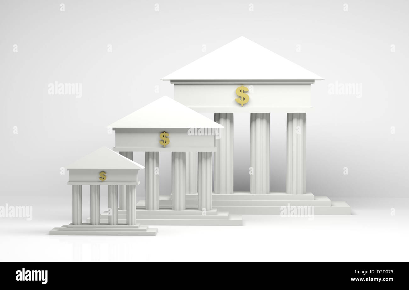 3D render illustrazione dei simboli della banca di varie dimensioni. Foto Stock