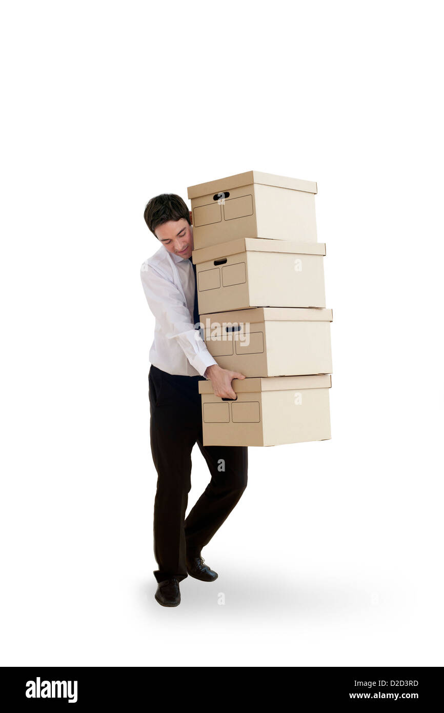 Modello rilasciato scatole di trasporto lavoratore di ufficio che trasportano anche scatole di maggio Foto Stock