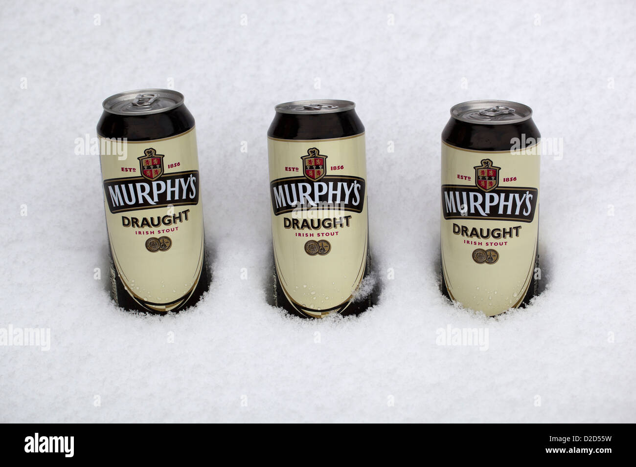 Tre lattine di birra Murphys agghiacciante nella neve Foto Stock