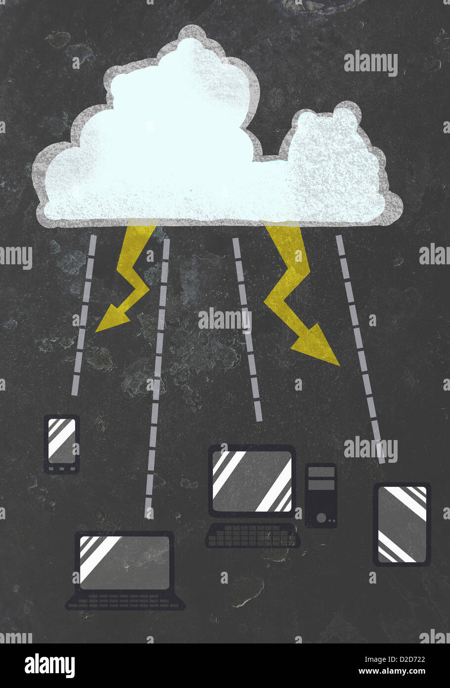 Smart phone, notebook, PC desktop e il tavolo digitale collegato a una nuvola di alleggerimenti Foto Stock