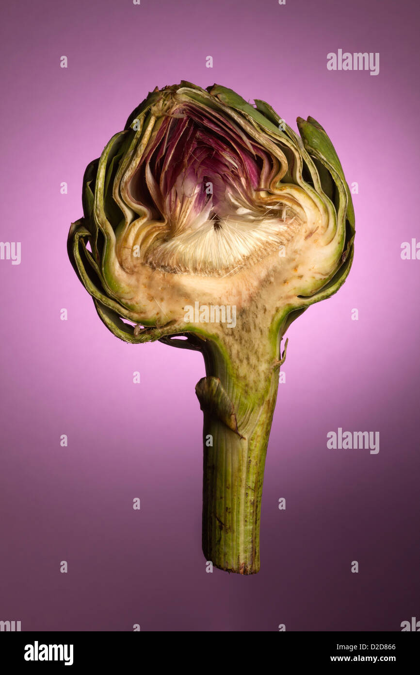 Un carciofo per metà nel mid-aria su uno sfondo viola Foto Stock