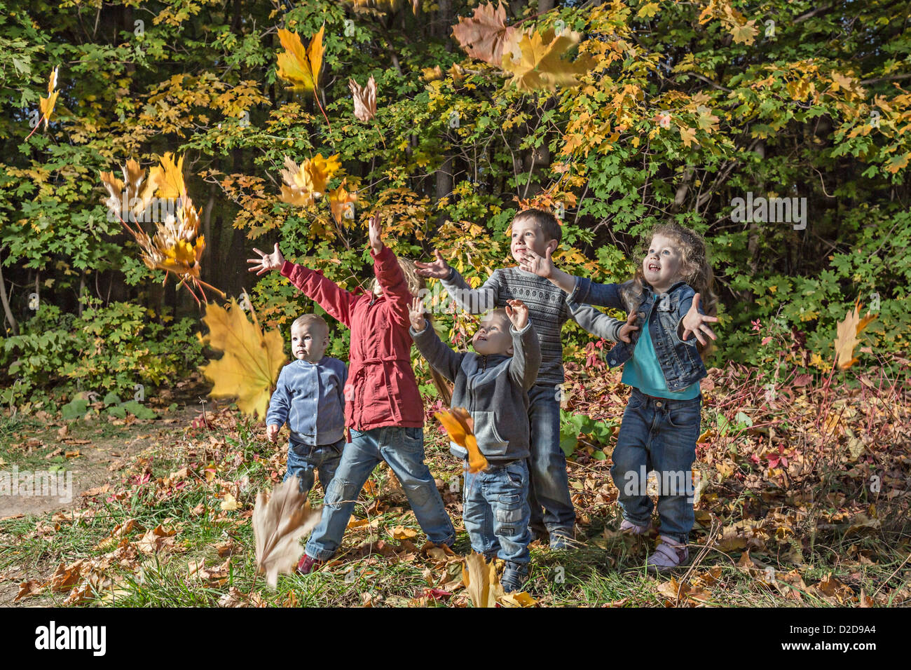 Cinque ragazzi cercando di catturare la caduta di foglie di autunno Foto Stock