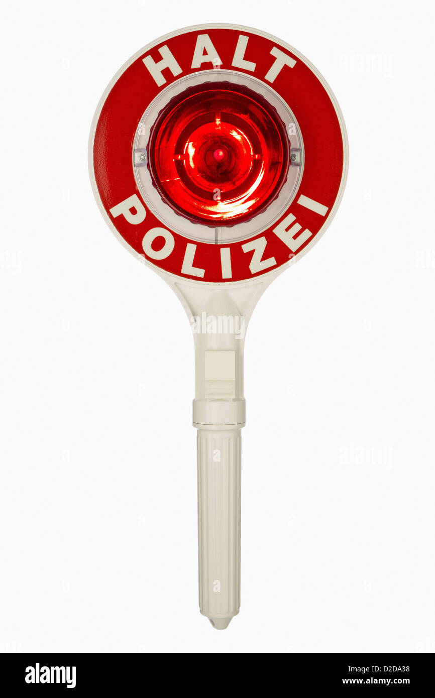 Un dispositivo di controllo del traffico della polizia con segno Halt Polizei tedesca di polizia di arresto Foto Stock