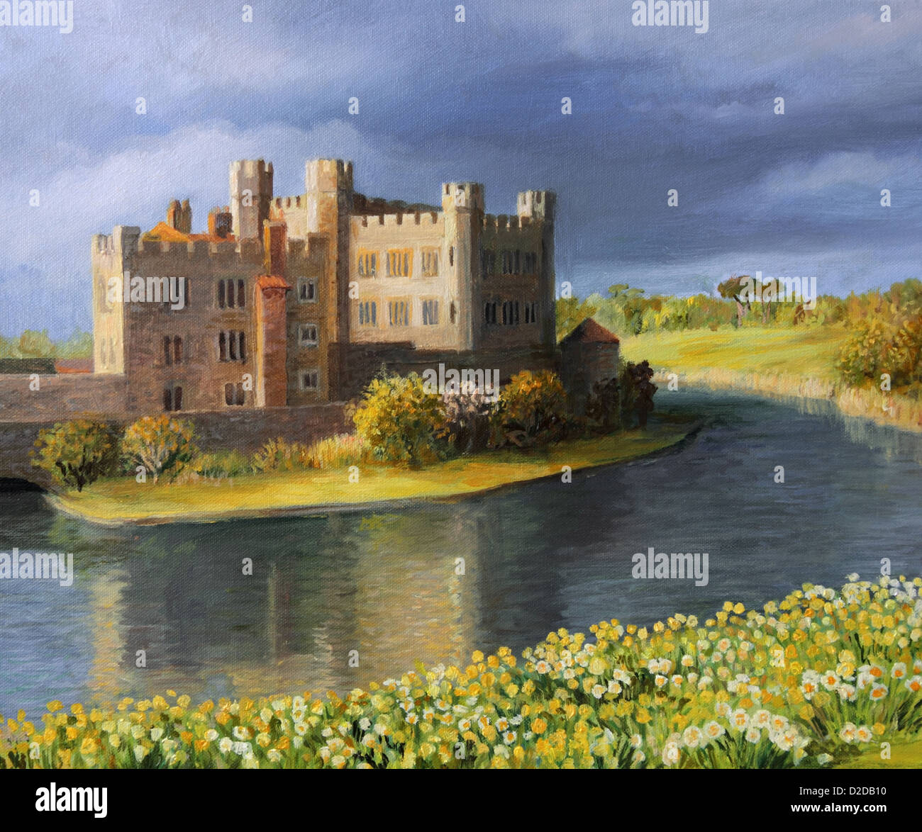Un dipinto ad olio su tela del famoso Castello di Leeds nel Kent e circondato da un tranquillo lago con fiori di primavera. Foto Stock