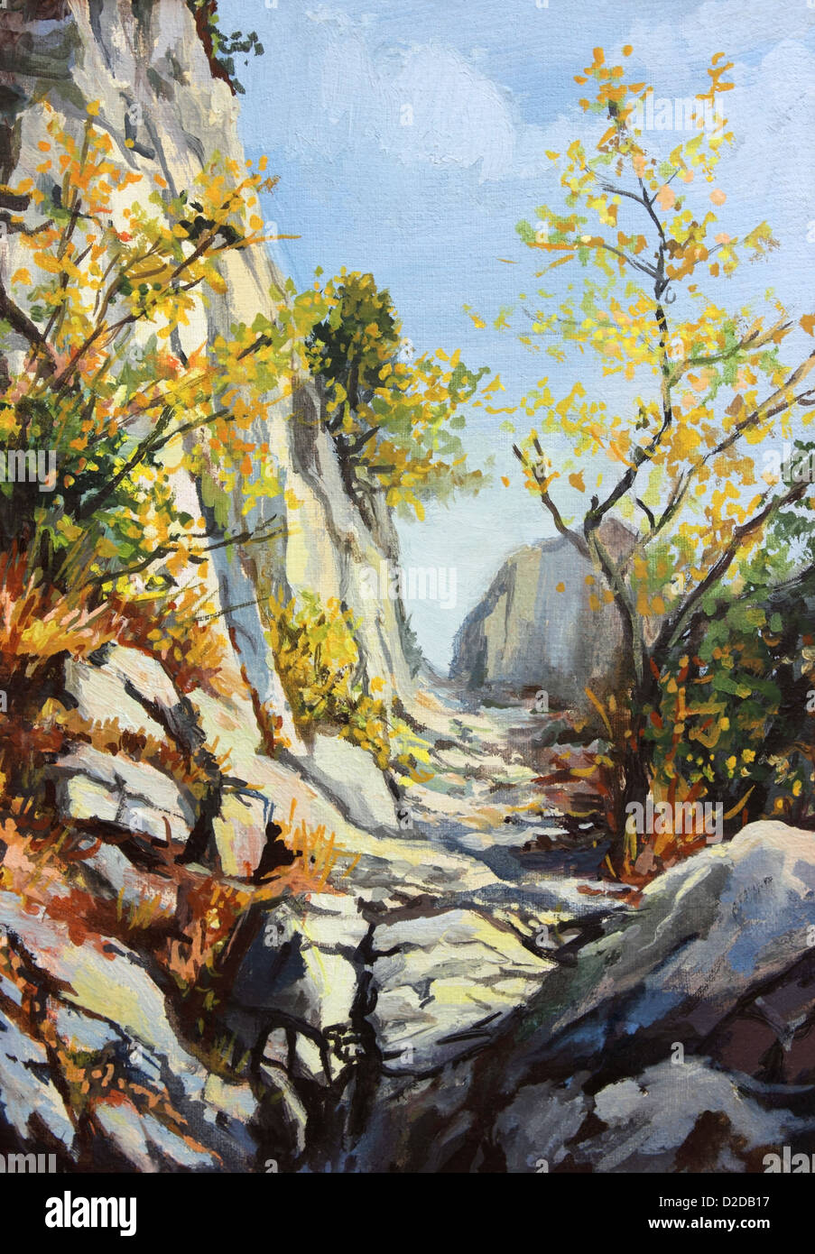 Un dipinto ad olio su tela di un luminoso percorso di marmo in alta montagna con colori d'autunno alberi. Foto Stock