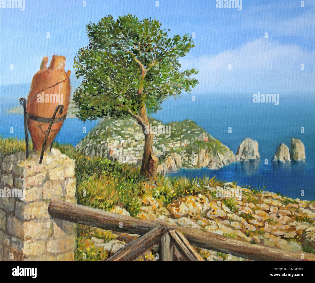 Un dipinto ad olio su tela di una vista panoramica dal punto più alto dell'isola di Capri, il Monte Solaro. Foto Stock