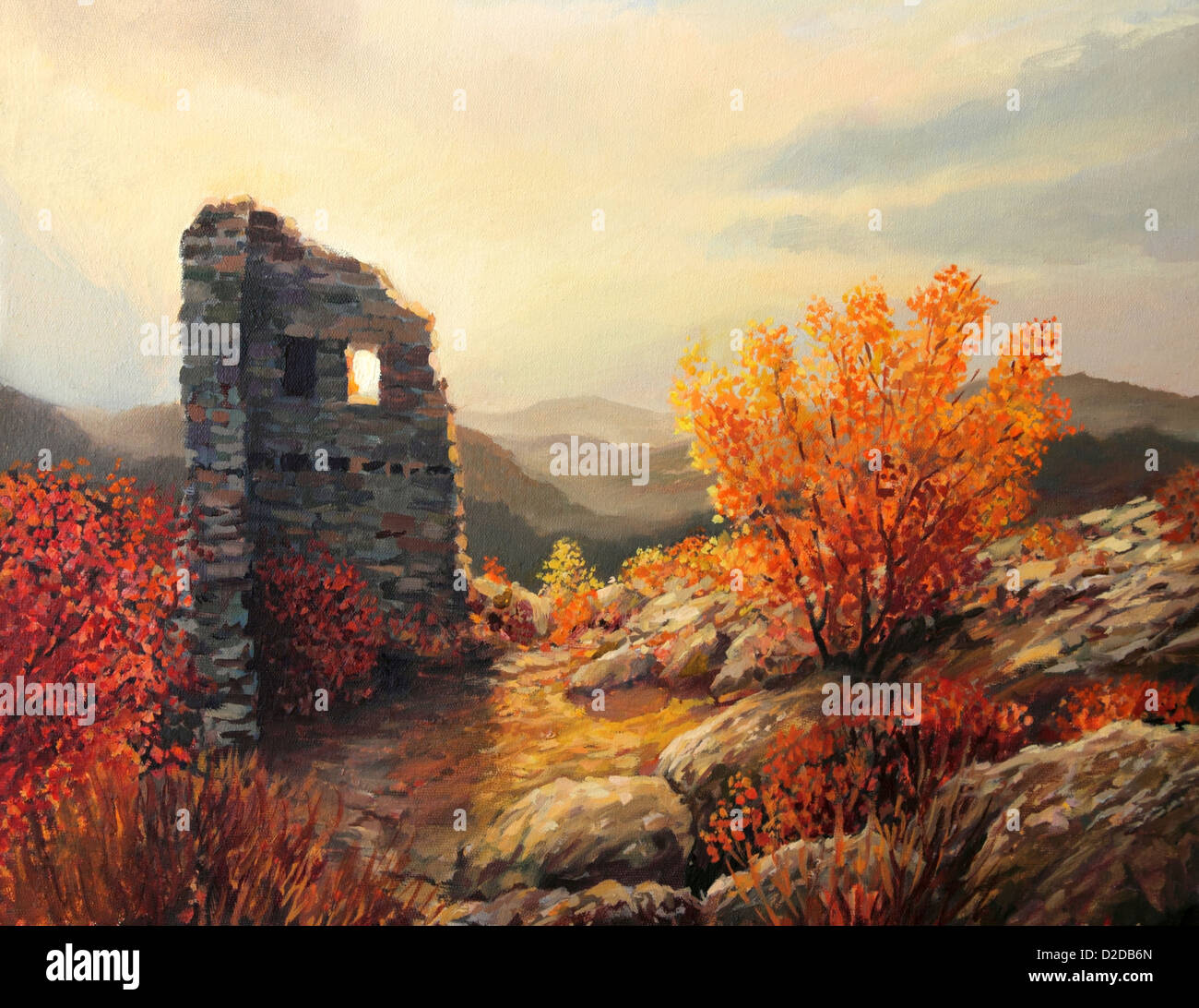 Un dipinto ad olio su tela di una vecchia fortezza ruderi in cima a una montagna in autunno. Foto Stock