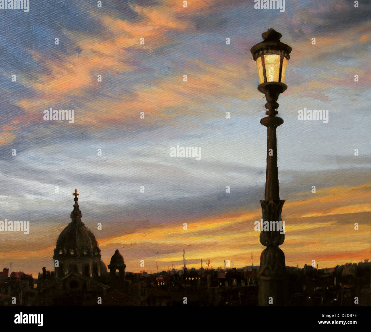 Un dipinto ad olio su tela di una sera presto vista dal capitale d'Italia, Roma con la silhouette della cupola della cattedrale. Foto Stock