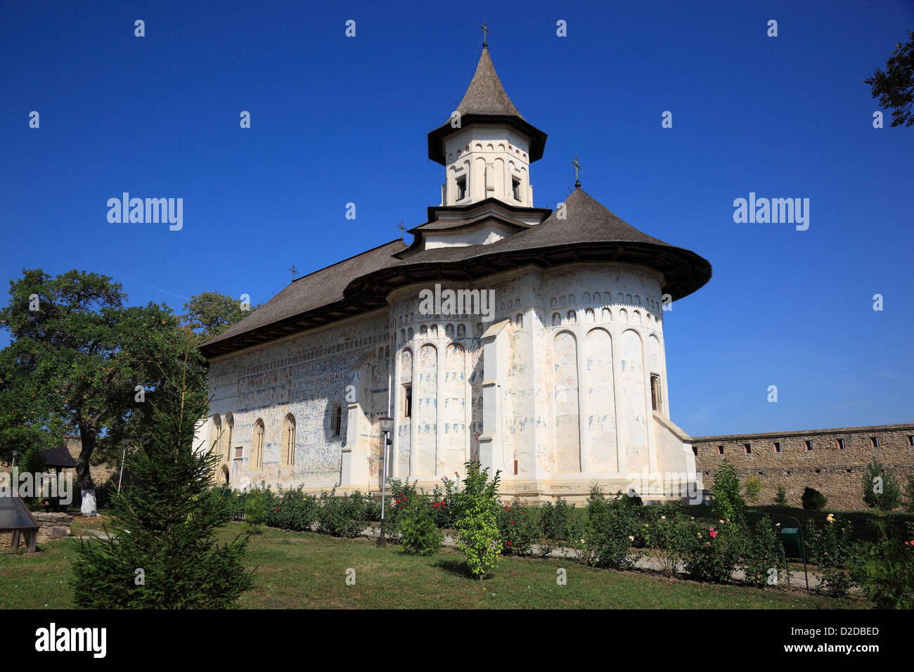 Il monastero di probota, vicino dolhasca, bucovina, Romania. la chiesa del Santo st. nicolae - un patrimonio mondiale Unesco. Foto Stock