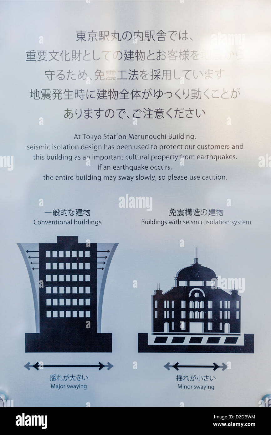 Tokyo, Stazione di Tokyo, placca descrivendo la stazione è a prova di terremoto di isolamento sismico sistema di costruzione Foto Stock