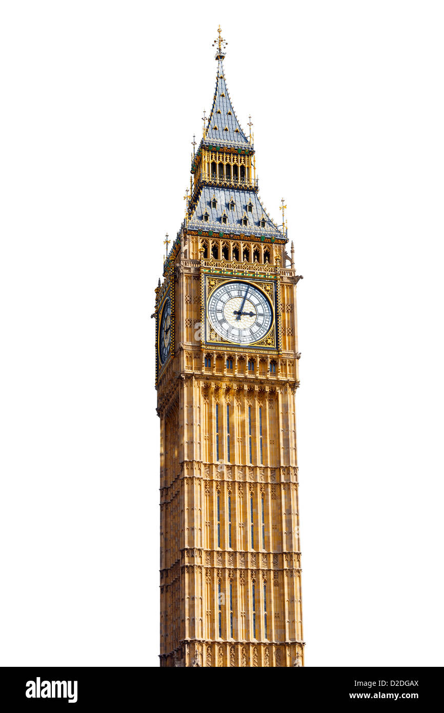 Big Ben in Westminster, Londra, tagliate con uno sfondo bianco. Foto Stock