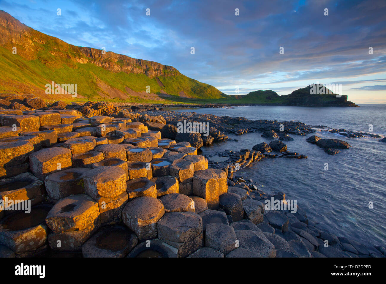 Luce della Sera sulla Giant's Causeway, County Antrim, Irlanda del Nord. Foto Stock