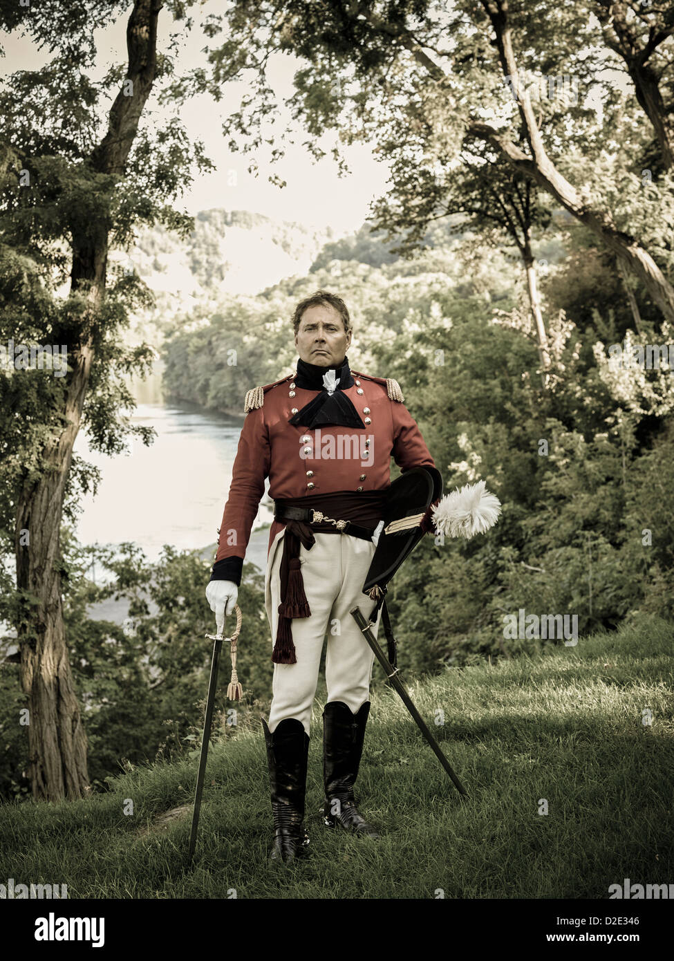 Ri-enactor raffigurante il maggiore generale Sir Issac Brock, British eroe di guerra del 1812 Foto Stock